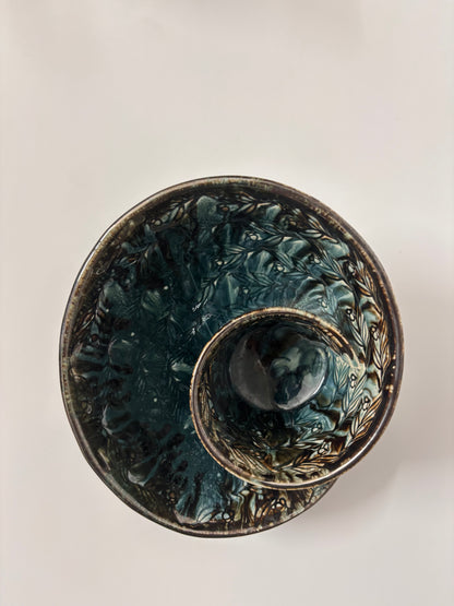 Midnight Leaf Ceramic Snack Plate with Dip Bowl