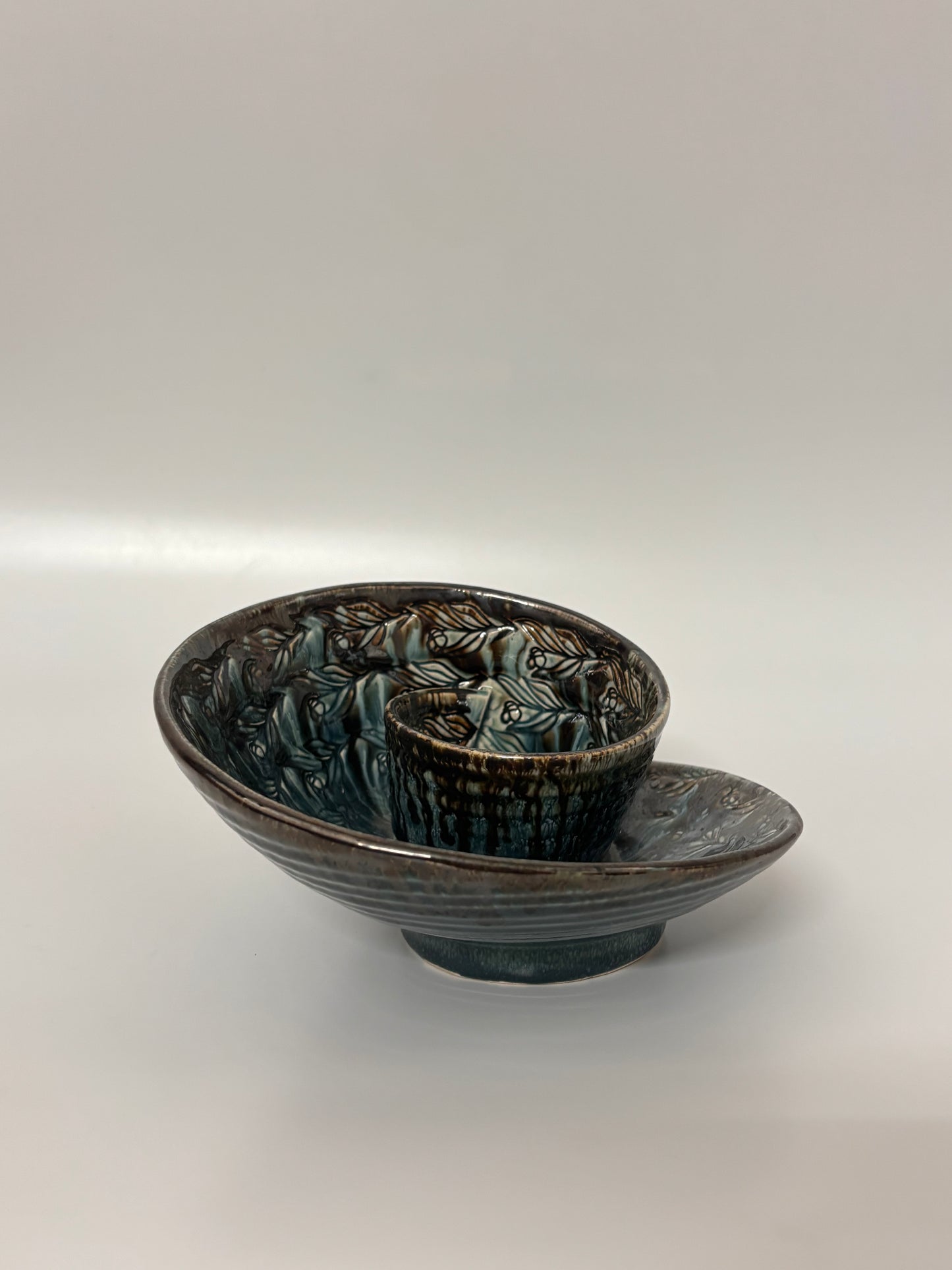 Midnight Leaf Ceramic Snack Plate with Dip Bowl