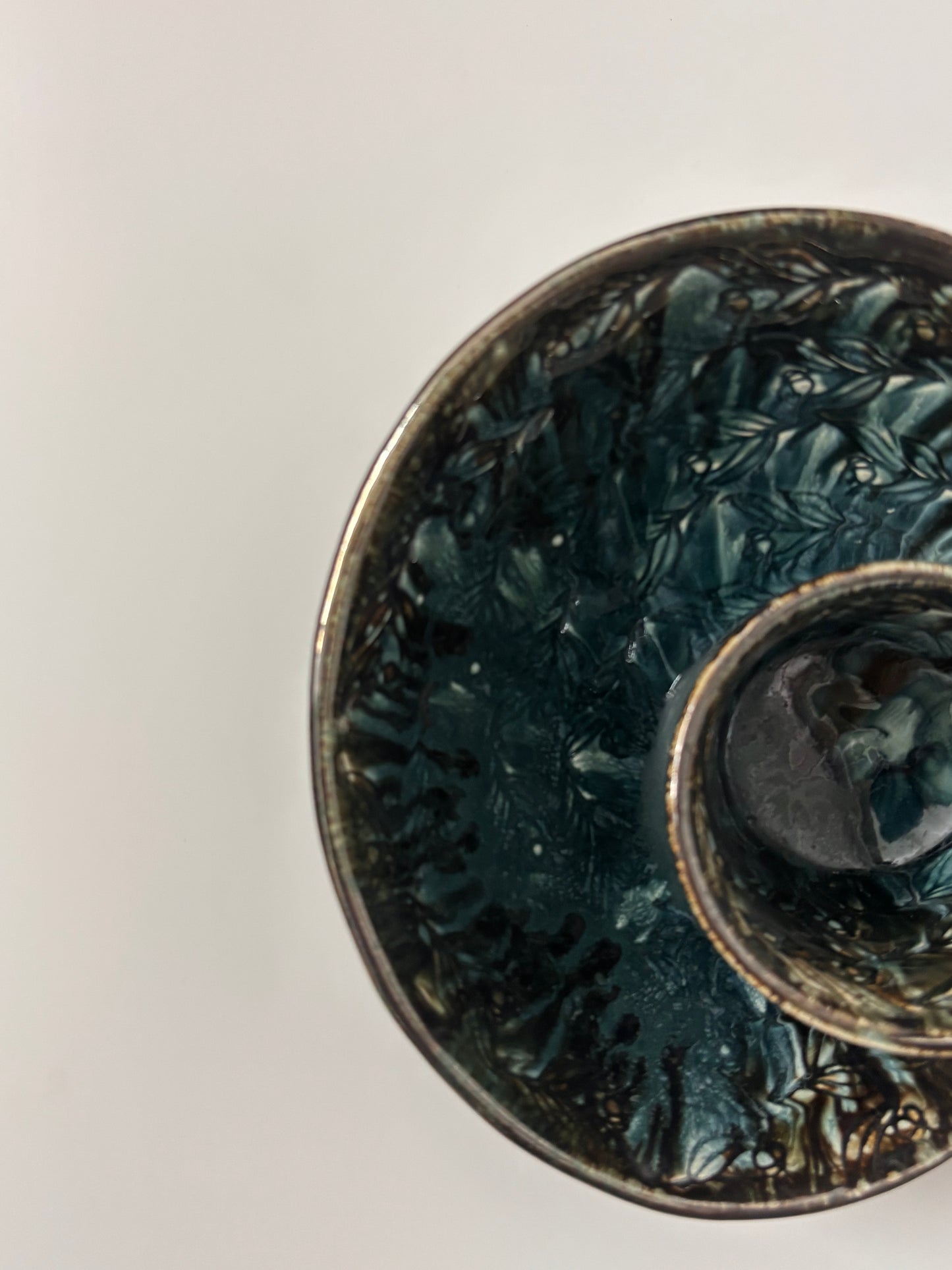 Midnight Leaf Ceramic Snack Plate with Dip Bowl