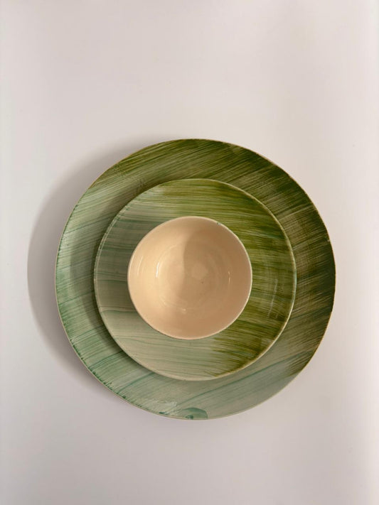 3-Piece Handcrafted Green  Brushstroke Dinner Set