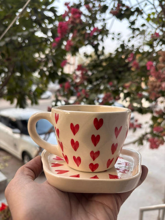 Heart Pattern Handcrafted Ceramic Cup with Saucer