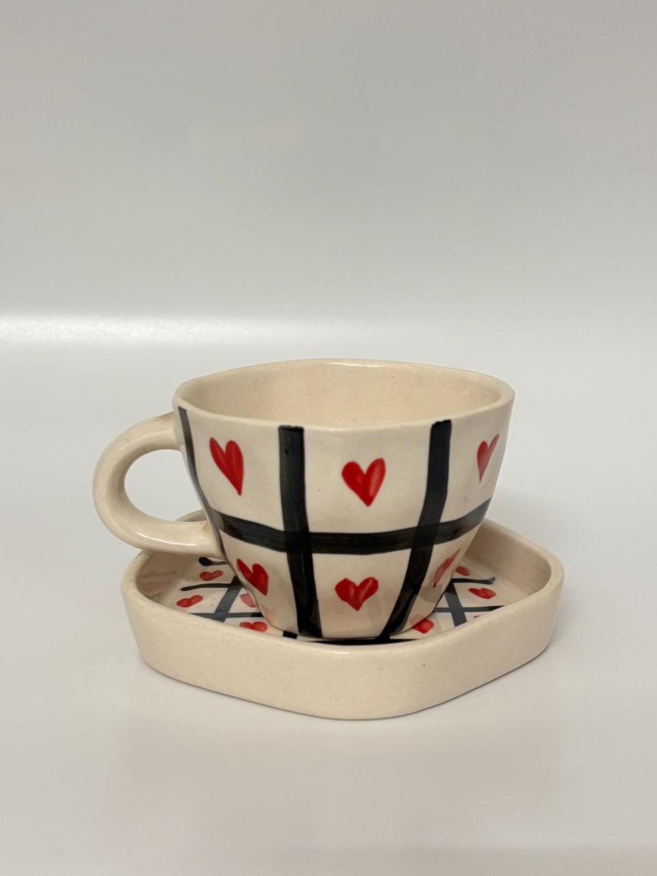 Checkered Heart Handcrafted Ceramic Cup with Saucer
