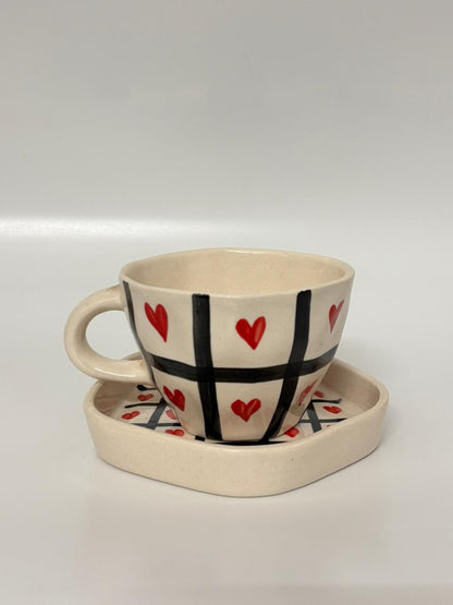 Checkered Heart Handcrafted Ceramic Cup with Saucer