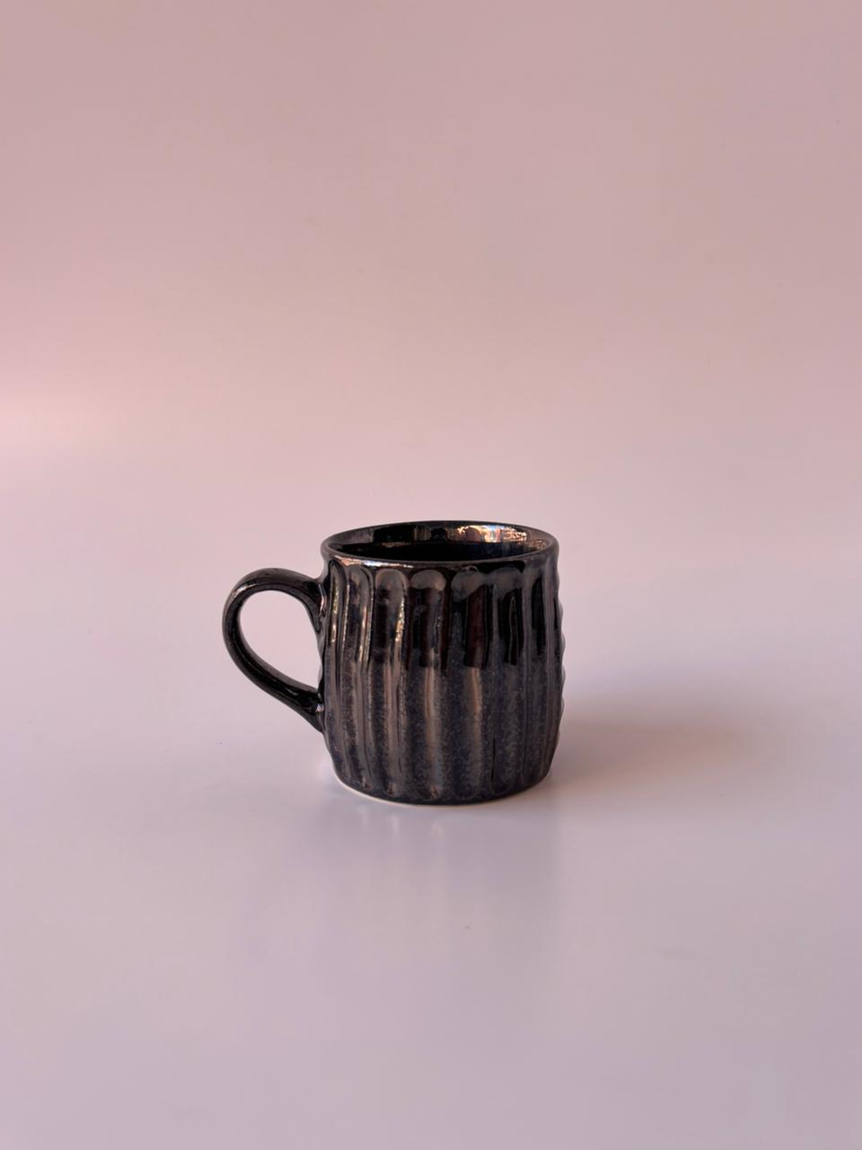 Ribbed Ceramic Mugs – Glossy Black | Set of 6 (150 ml)
