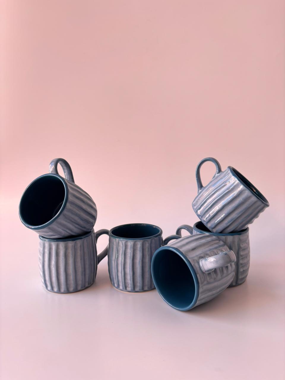 Ribbed Ceramic Mugs – Blue Grey Glaze | Set of 6 (150 ml)