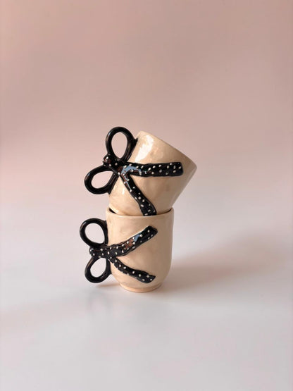 Handcrafted Bow Handle Ceramic Mug – Black Edition