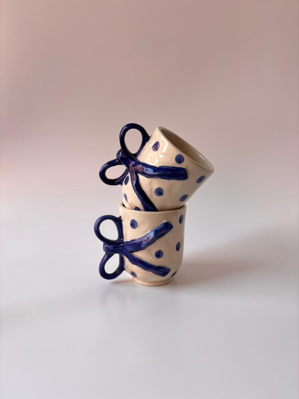 Handcrafted Bow Handle Ceramic Mug – Blue Polka Edition