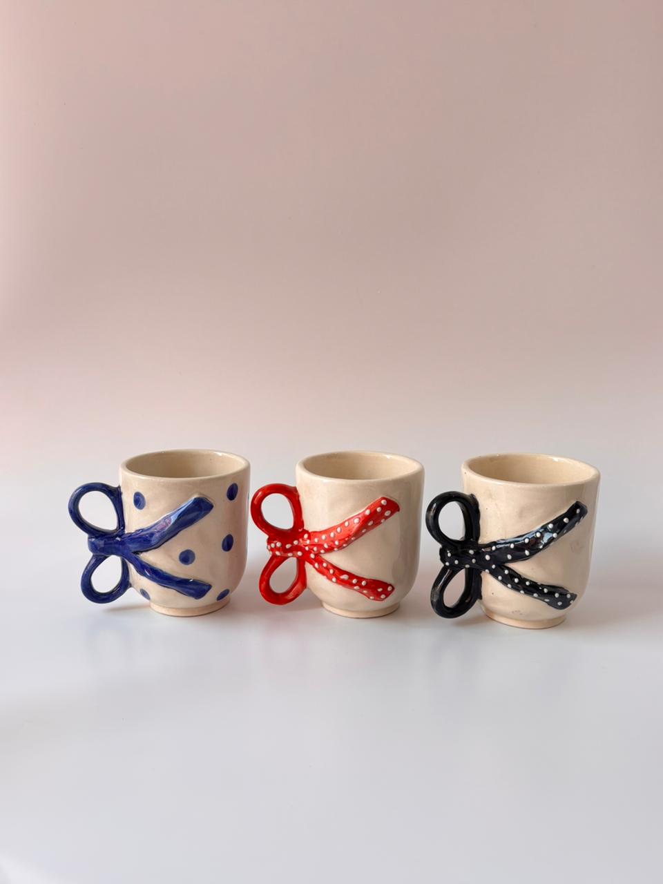 Handcrafted Bow Handle Ceramic Mugs – Multicolor Polka Collection (Set of 3)