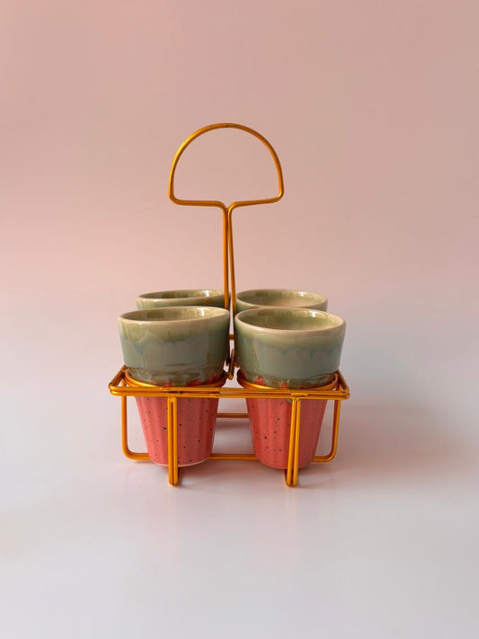 Studio Pottery Sage Green & Terracotta Tea Cup Set of 4 with Iron Stand