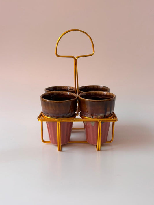 Studio Pottery Coffee Brown & Dark Blush Pink Tea Cup Set of 4 with Iron Stand
