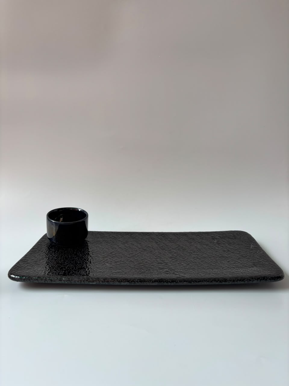 Premium Textured Black Ceramic Sushi Serving Platter with Dip Bowl