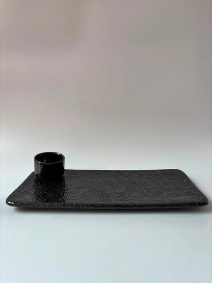 Premium Textured Black Ceramic Sushi Serving Platter with Dip Bowl