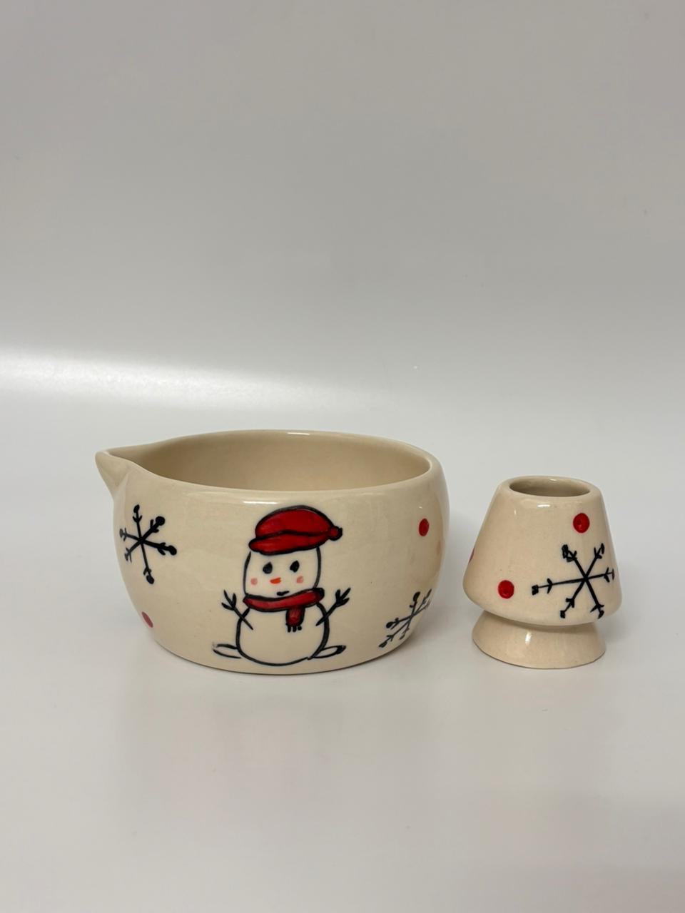 Handcrafted Snowman Matcha  Bowl with Whisk Holder