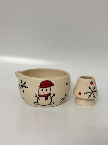 Handcrafted Snowman Matcha  Bowl with Whisk Holder