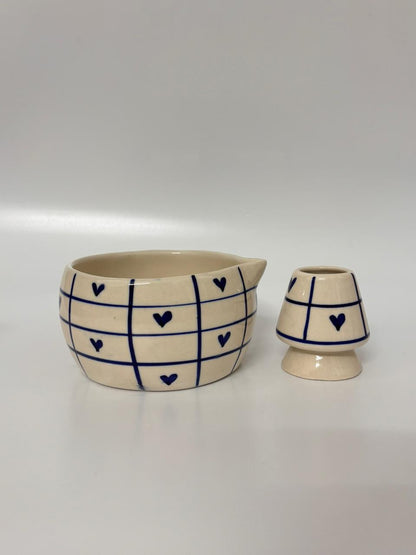 Handcrafted Heart Grid  Matcha Bowl with Whisk Holder