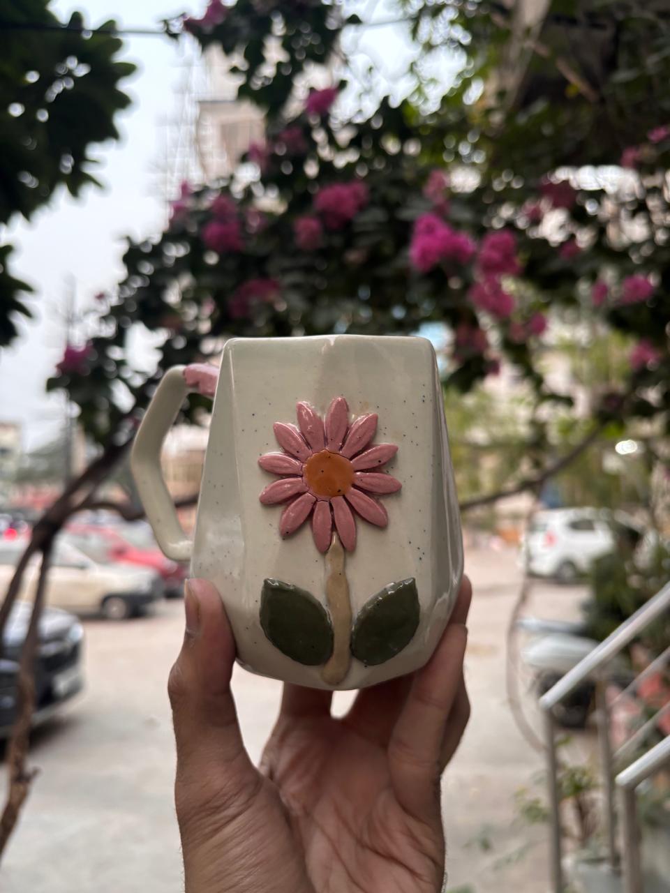 Handcrafted pink daisy white mug