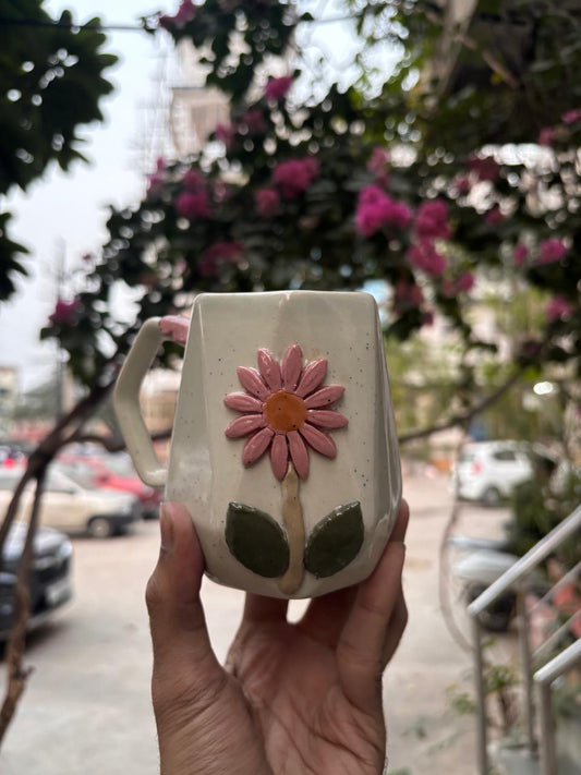Handcrafted pink daisy white mug
