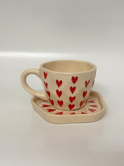 Heart Pattern Handcrafted Ceramic Cup with Saucer