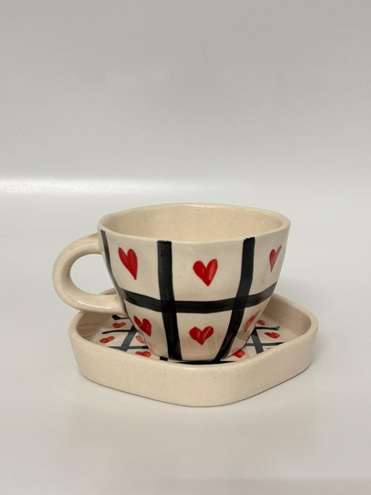 Checkered Heart Handcrafted Ceramic Cup with Saucer