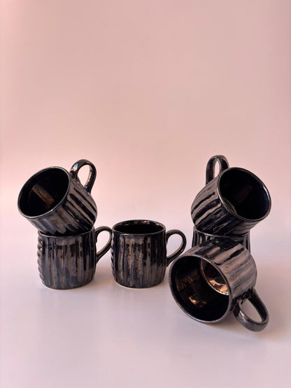 Ribbed Ceramic Mugs – Glossy Black | Set of 6 (150 ml)