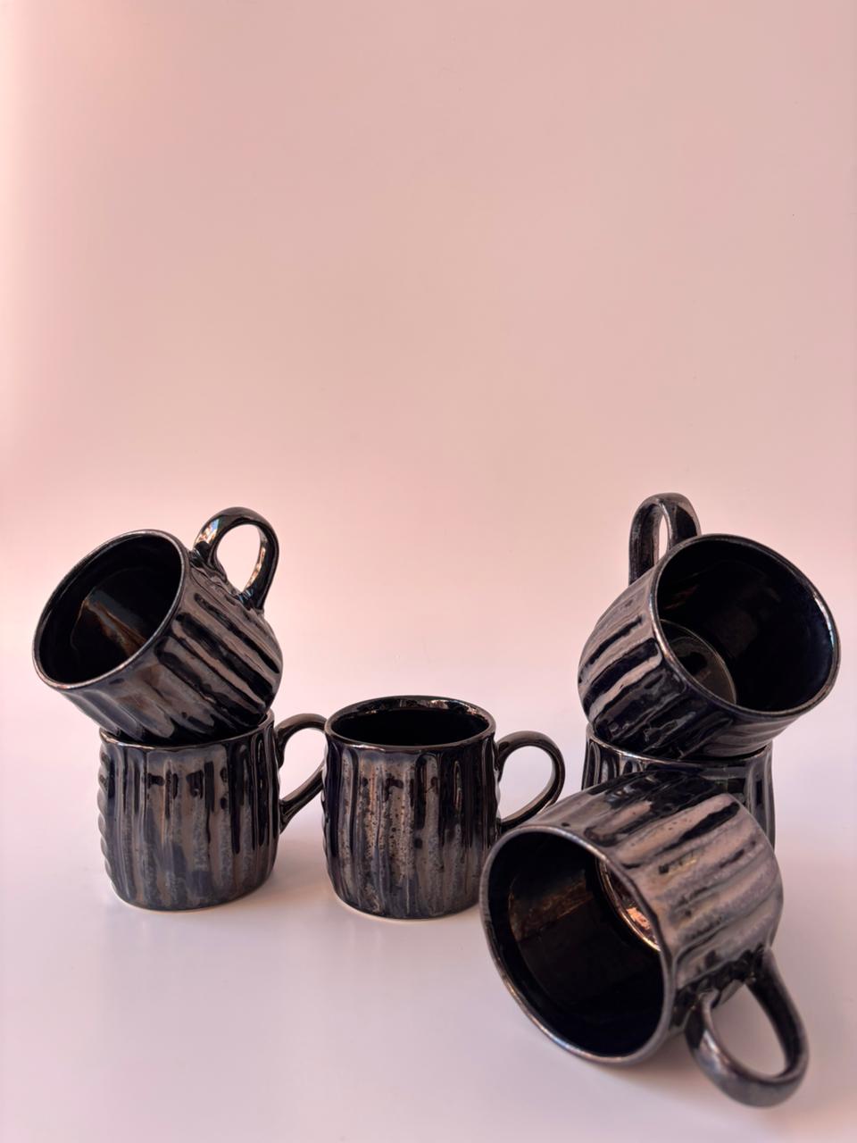 Ribbed Ceramic Mugs – Glossy Black | Set of 6 (150 ml)
