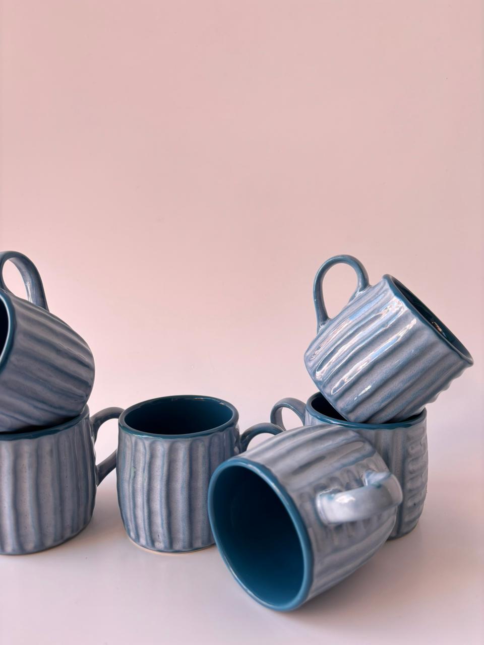 Ribbed Ceramic Mugs – Blue Grey Glaze | Set of 6 (150 ml)