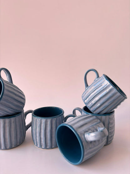 Ribbed Ceramic Mugs – Blue Grey Glaze | Set of 6 (150 ml)