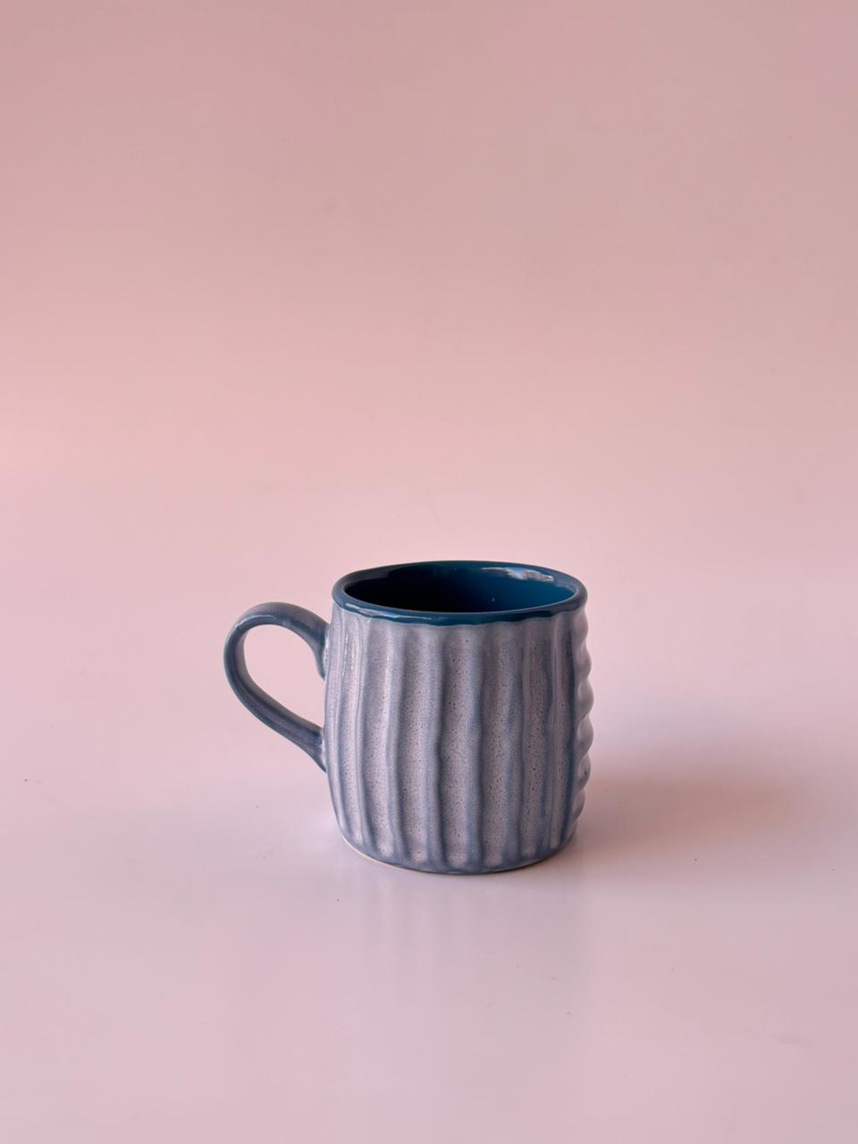 Ribbed Ceramic Mugs – Blue Grey Glaze | Set of 6 (150 ml)
