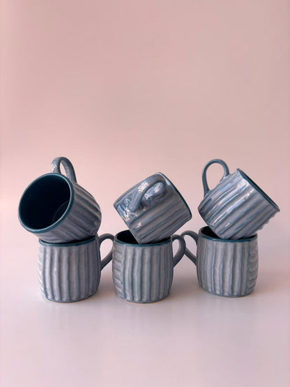 Ribbed Ceramic Mugs – Blue Grey Glaze | Set of 6 (150 ml)