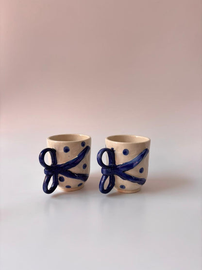 Handcrafted Bow Handle Ceramic Mug – Blue Polka Edition