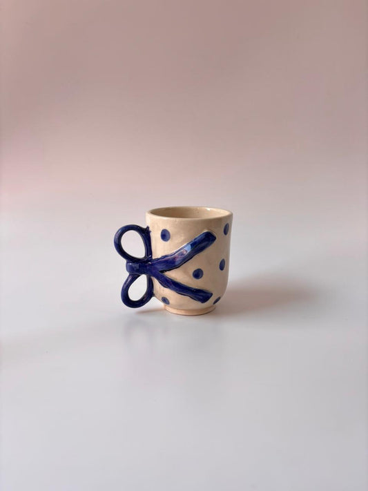 Handcrafted Bow Handle Ceramic Mug – Blue Polka Edition