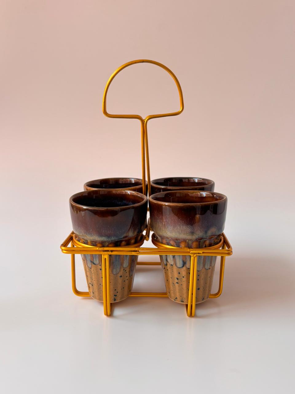 Studio Pottery Mocha Brown & Sand Beige Tea Cup Set of 4 with Iron Stand