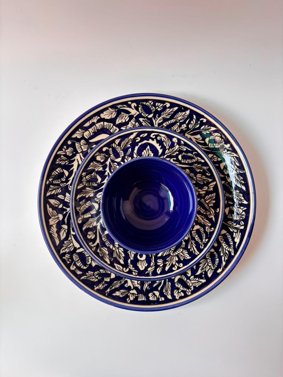 Indigo Bloom Hand-Painted Ceramic Dinner Set – 3 Pcs