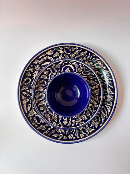 Indigo Bloom Hand-Painted Ceramic Dinner Set – 3 Pcs