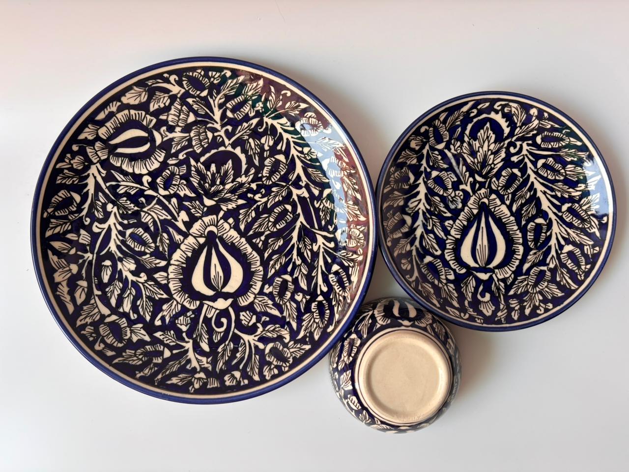 Indigo Bloom Hand-Painted Ceramic Dinner Set – 3 Pcs