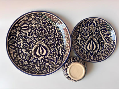 Indigo Bloom Hand-Painted Ceramic Dinner Set – 3 Pcs