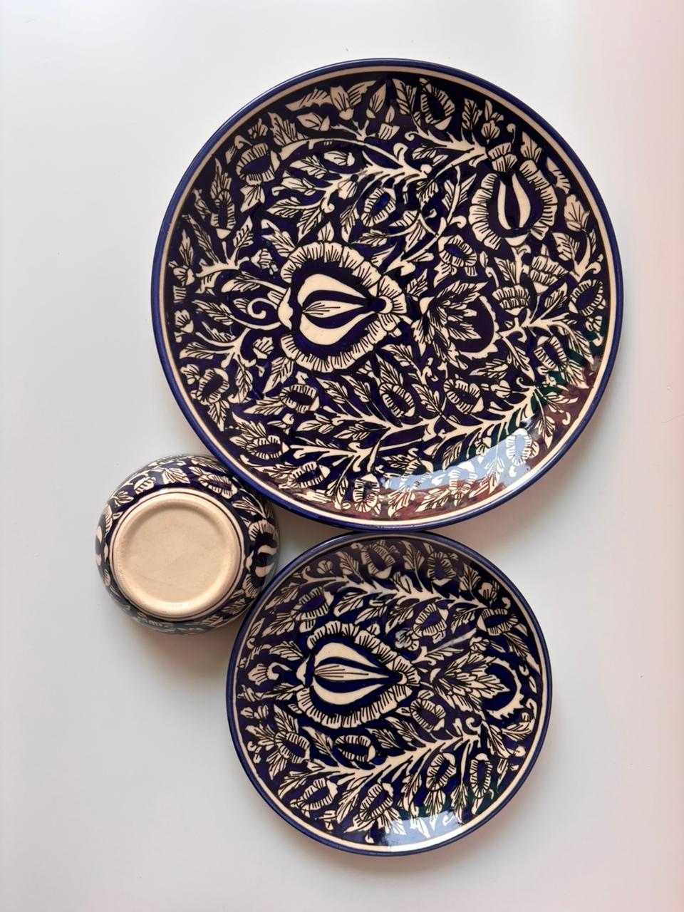 Indigo Bloom Hand-Painted Ceramic Dinner Set – 3 Pcs