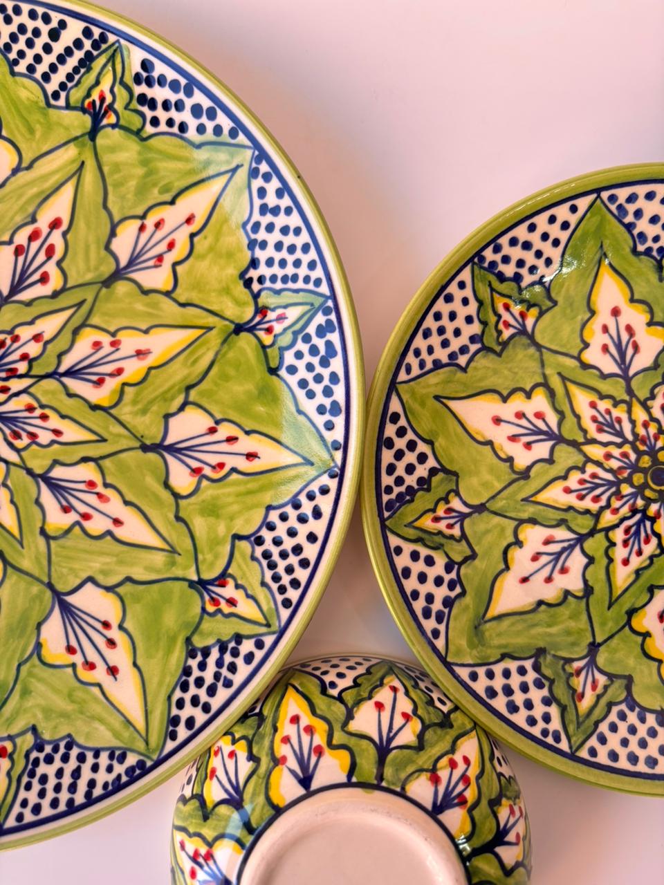 Green Mandala Hand-Painted Ceramic Dinner Set – 3 Pcs