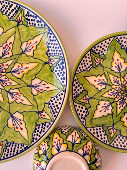 Green Mandala Hand-Painted Ceramic Dinner Set – 3 Pcs