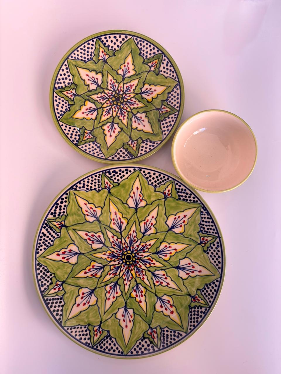 Green Mandala Hand-Painted Ceramic Dinner Set – 3 Pcs