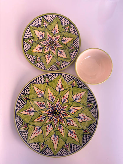 Green Mandala Hand-Painted Ceramic Dinner Set – 3 Pcs
