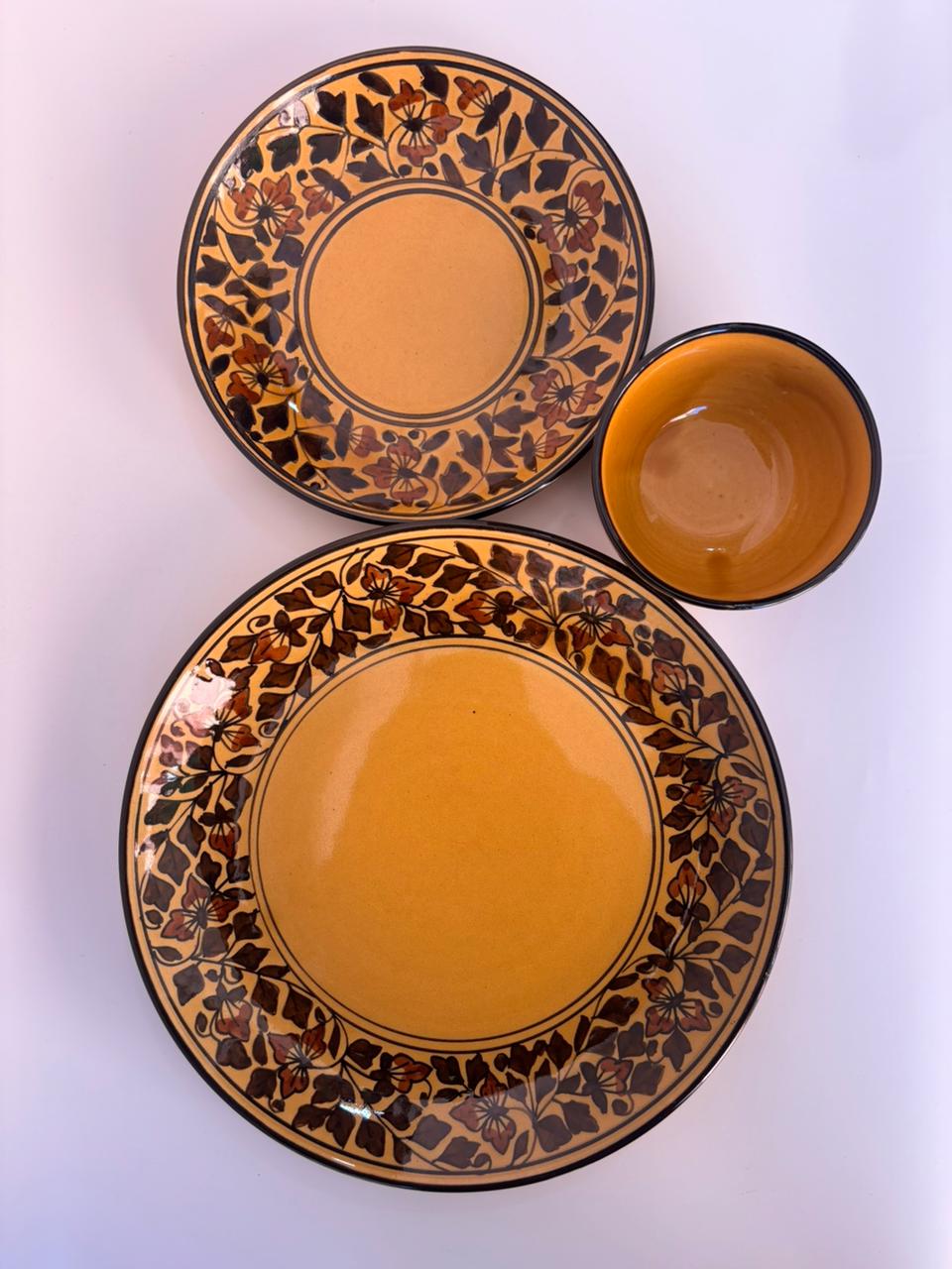 Mustard Floral Vine Handcrafted Ceramic Dinner Set – 3 Pcs
