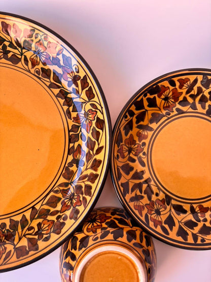 Mustard Floral Vine Handcrafted Ceramic Dinner Set – 3 Pcs