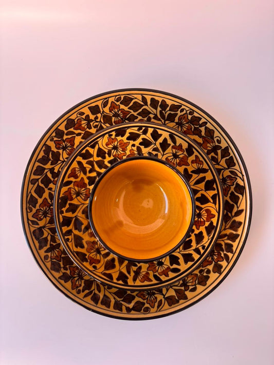 Mustard Floral Vine Handcrafted Ceramic Dinner Set – 3 Pcs