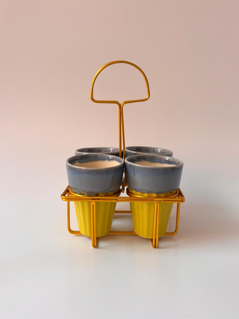Studio Pottery Yellow & Slate Grey Tea Cup Set of 4 with Iron Stand