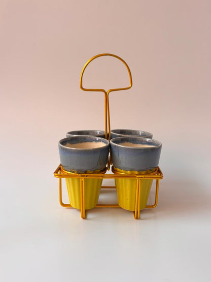 Studio Pottery Yellow & Slate Grey Tea Cup Set of 4 with Iron Stand