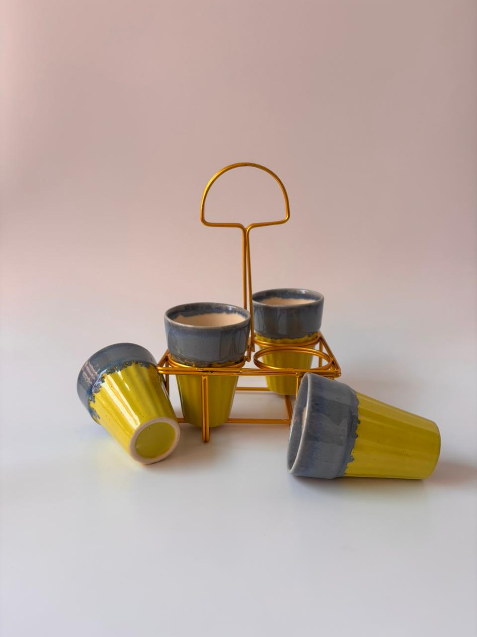 Studio Pottery Yellow & Slate Grey Tea Cup Set of 4 with Iron Stand