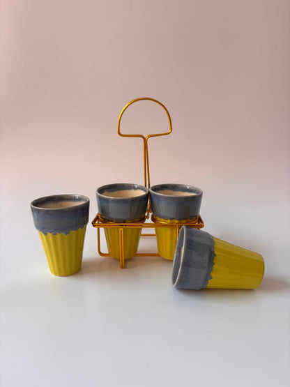 Studio Pottery Yellow & Slate Grey Tea Cup Set of 4 with Iron Stand