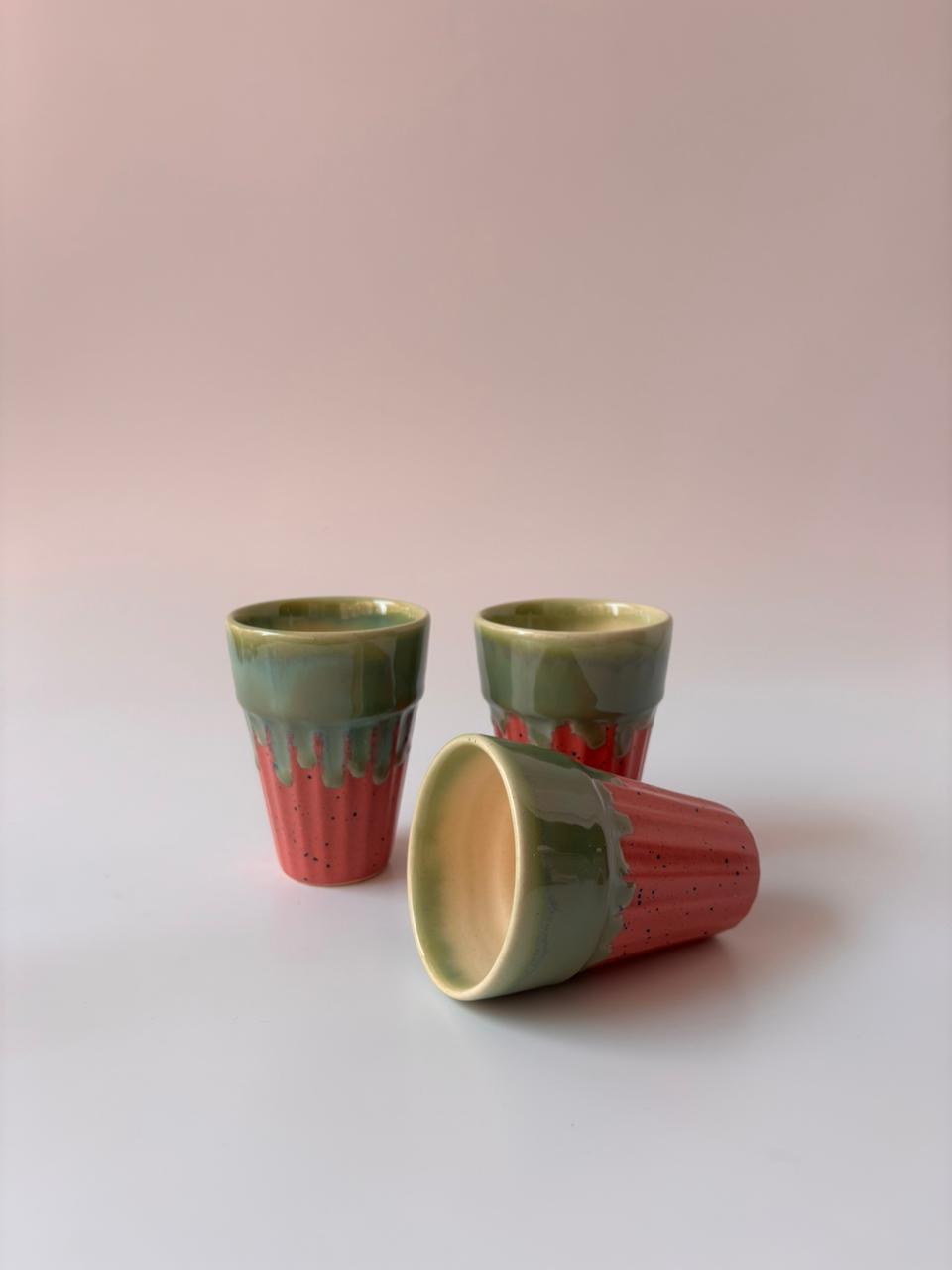 Studio Pottery Sage Green & Terracotta Tea Cup Set of 4 with Iron Stand