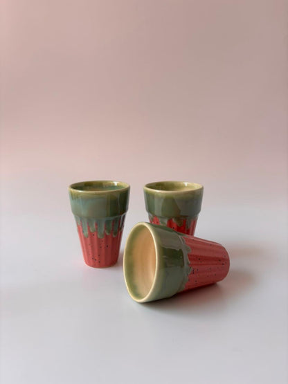 Studio Pottery Sage Green & Terracotta Tea Cup Set of 4 with Iron Stand